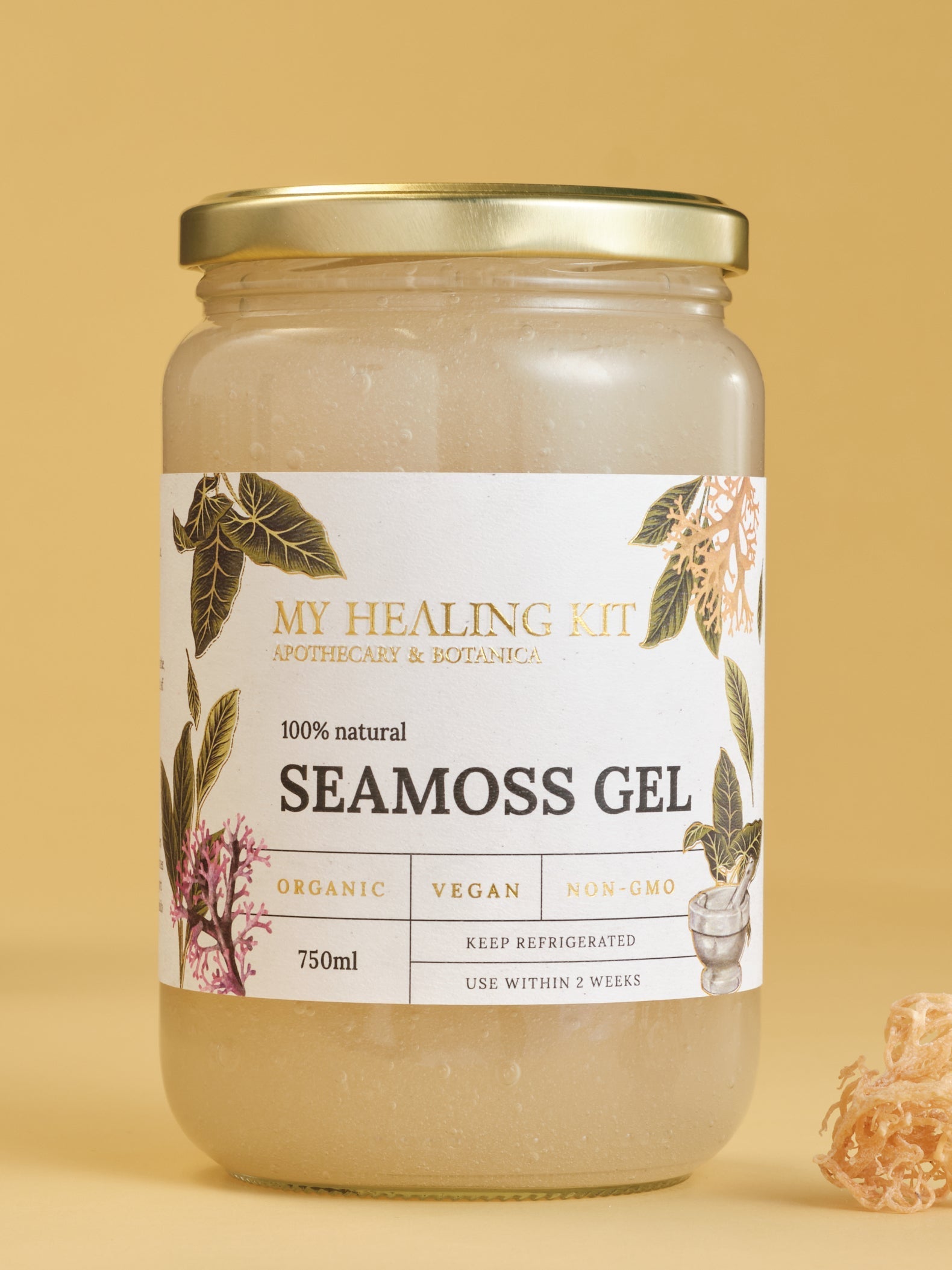 a golden jar of Sea Moss Gel, a nutrient-dense superfood with potential health advantages.